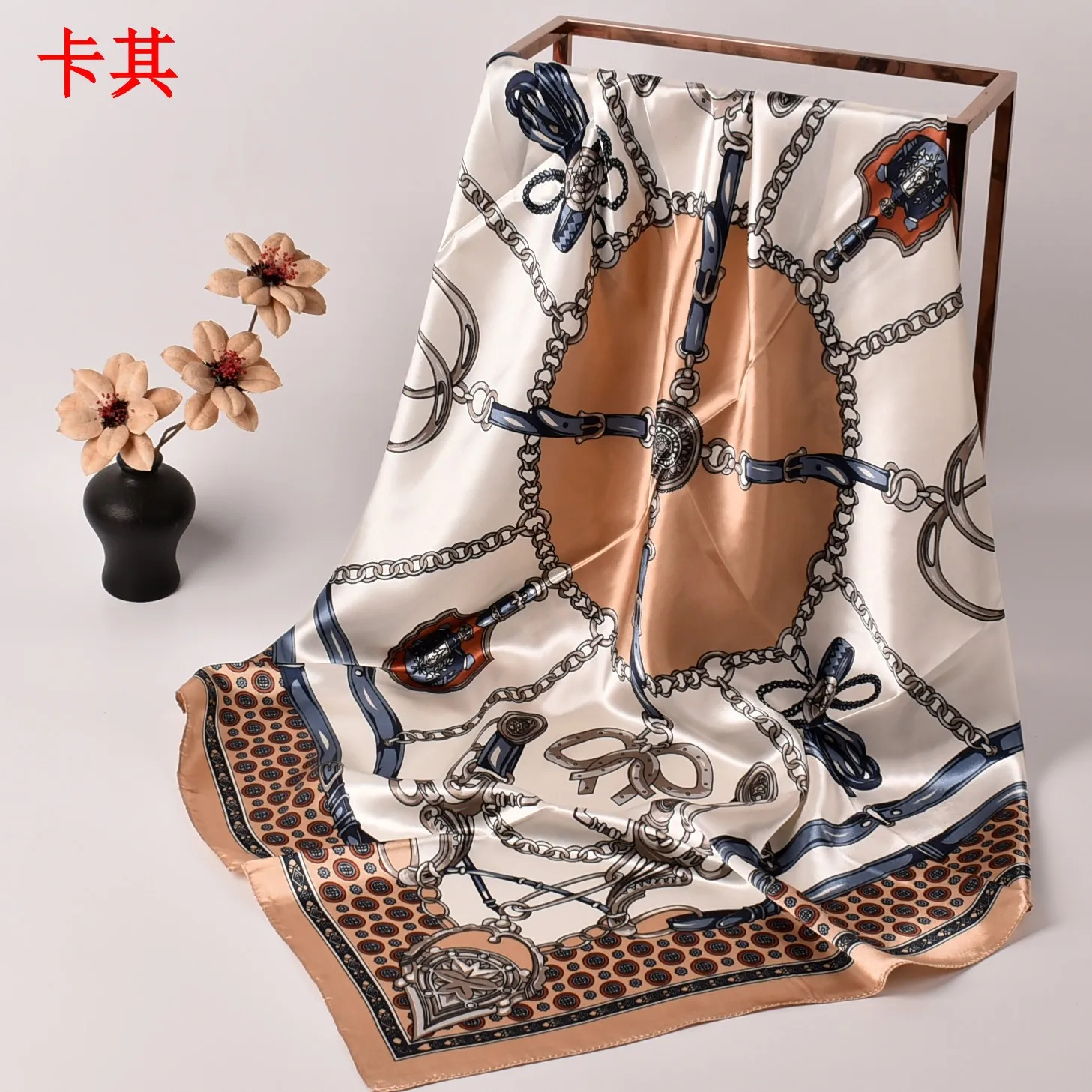 Color: Pink - New Chain Square Scarf 90*90 Silk Color Ding Da Square Scarf Yiwu Spot Wholesale