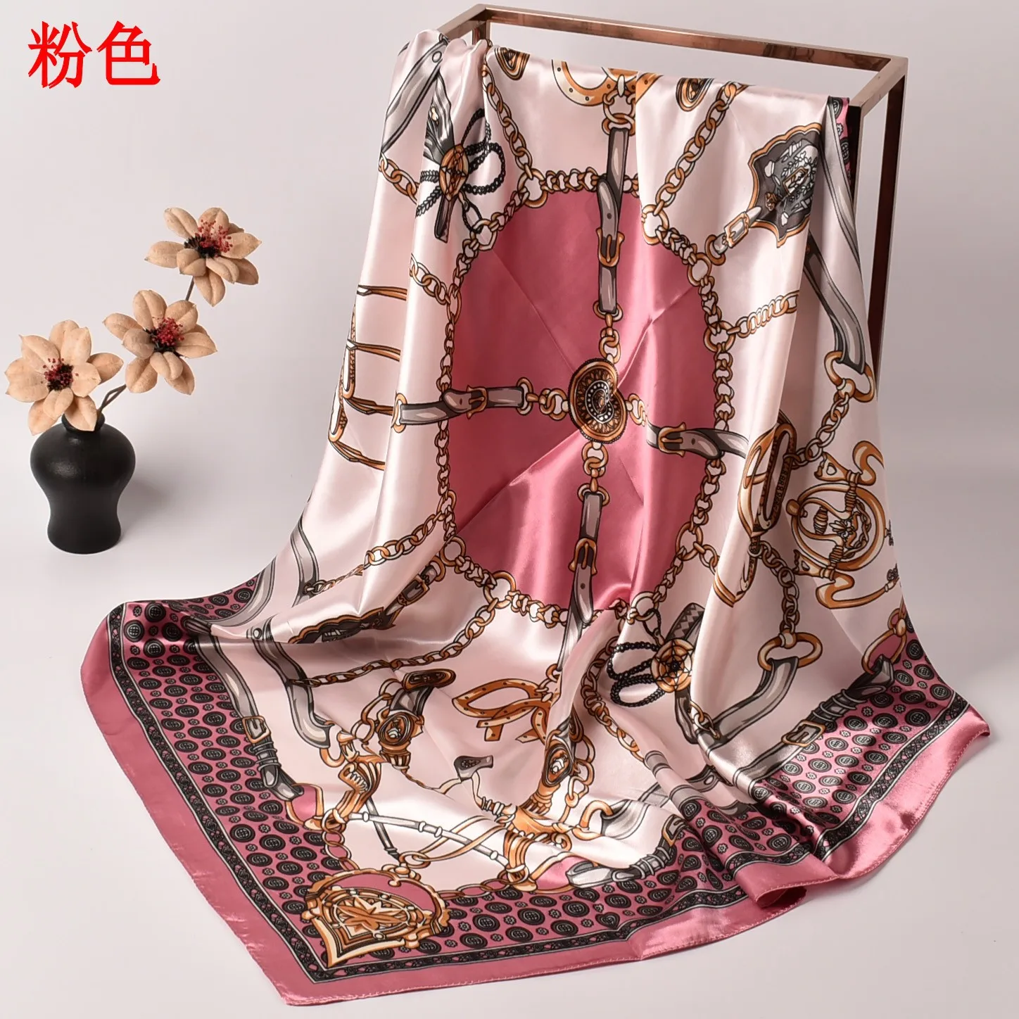 Color: Pink - New Chain Square Scarf 90*90 Silk Color Ding Da Square Scarf Yiwu Spot Wholesale