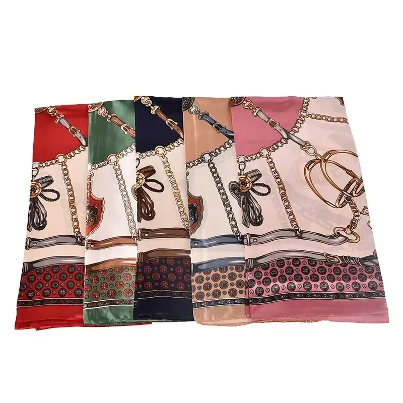 Color: Pink - New Chain Square Scarf 90*90 Silk Color Ding Da Square Scarf Yiwu Spot Wholesale