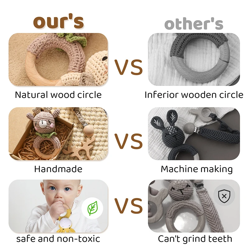 Color: VIOLET/?«?—?…° - Bopoobo 3PCS/5PCS Crochet Bunny Baby Teether Rattle Animal Beech Wood Teether Pacifier Chain Crochet Rattle For Newborn Baby
