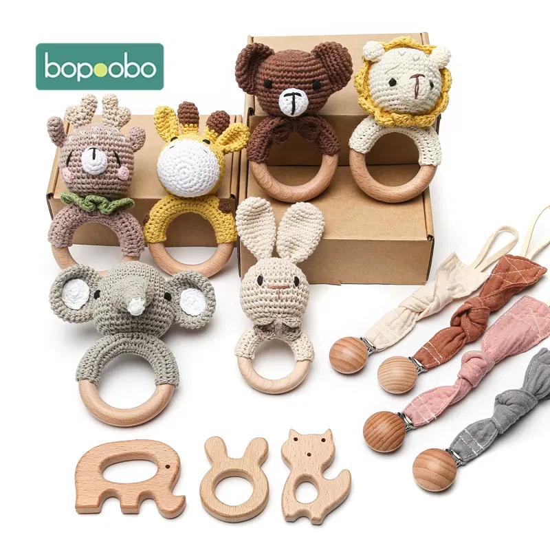 Color: VIOLET/?«?—?…° - Bopoobo 3PCS/5PCS Crochet Bunny Baby Teether Rattle Animal Beech Wood Teether Pacifier Chain Crochet Rattle For Newborn Baby