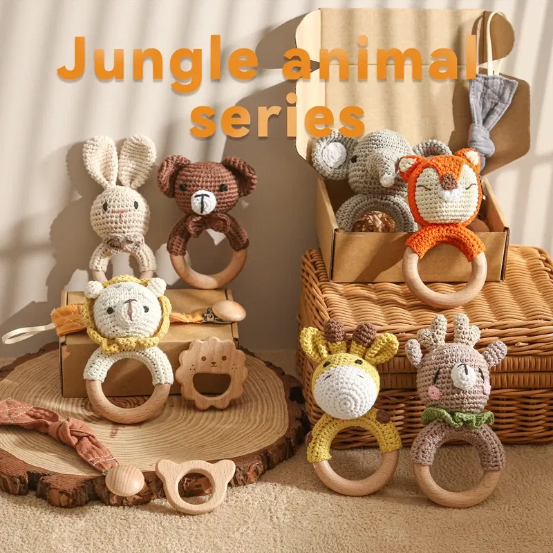 Color: VIOLET/?«?—?…° - Bopoobo 3PCS/5PCS Crochet Bunny Baby Teether Rattle Animal Beech Wood Teether Pacifier Chain Crochet Rattle For Newborn Baby