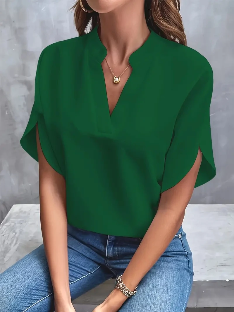 Color: WHITE, Size: M - Women Elegant Solid Chiffon Blouse Spring Summer Casual Long Sleeve V Neck Loose Shirt Office Lady Tunics Oversized Tops 2024