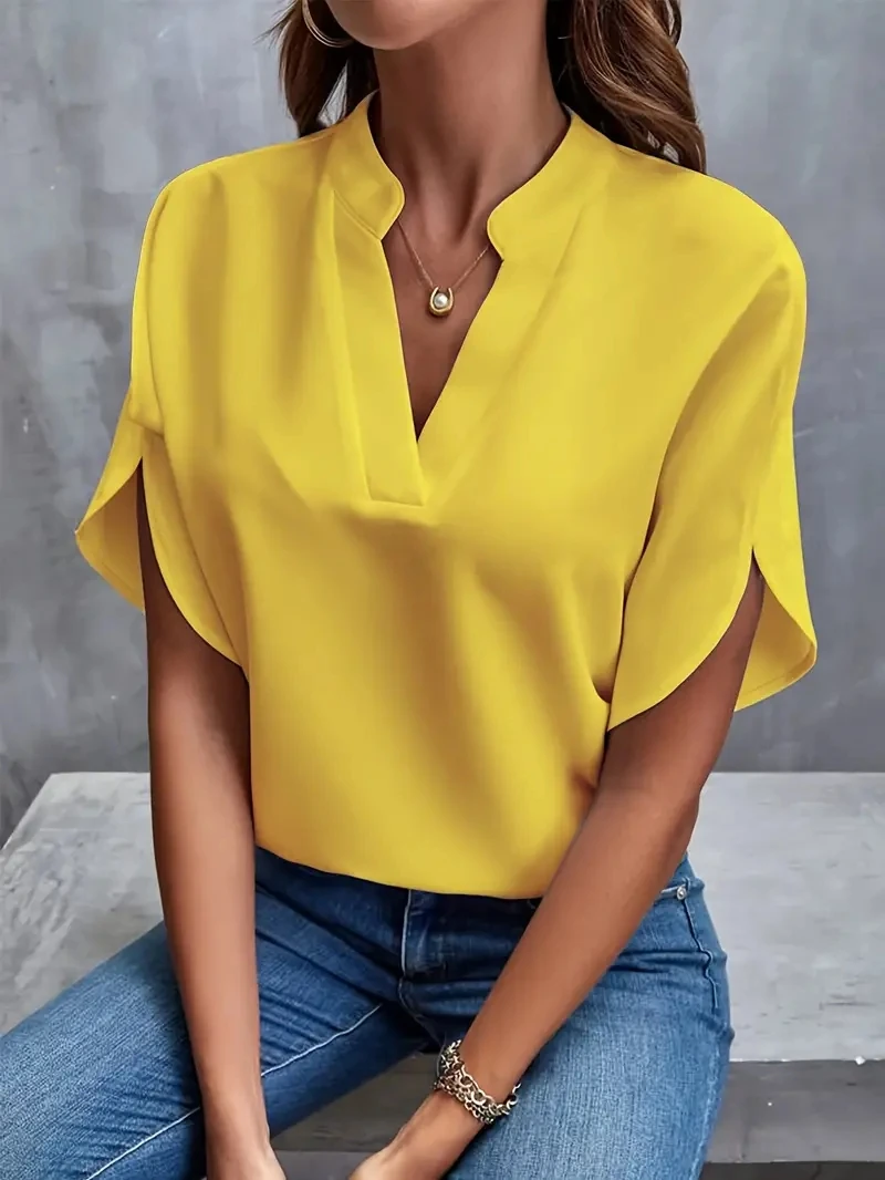 Color: WHITE, Size: M - Women Elegant Solid Chiffon Blouse Spring Summer Casual Long Sleeve V Neck Loose Shirt Office Lady Tunics Oversized Tops 2024