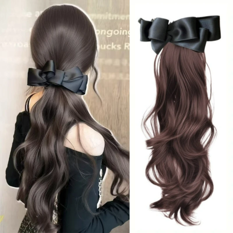Color: #33, Stretched Length: 18inches - Elegant Synthetic Silk Bowknot Banana Claw Clip Ponytail Wig With Grab Clip Long Wavy Layered Ponytail for Women Daily Use
