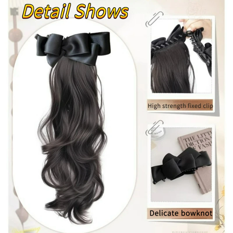 Color: #33, Stretched Length: 18inches - Elegant Synthetic Silk Bowknot Banana Claw Clip Ponytail Wig With Grab Clip Long Wavy Layered Ponytail for Women Daily Use