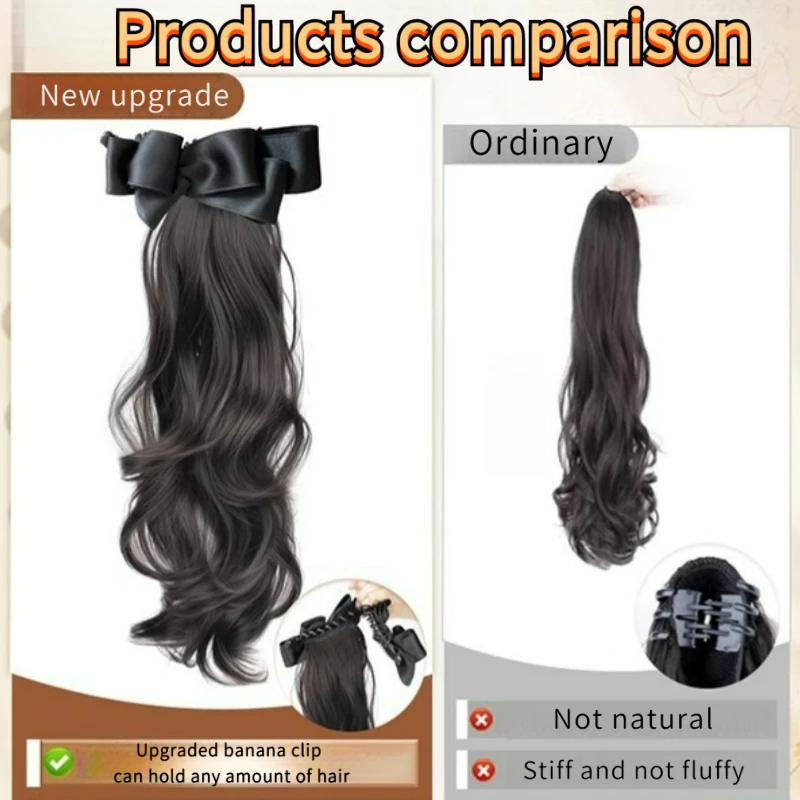 Color: #33, Stretched Length: 18inches - Elegant Synthetic Silk Bowknot Banana Claw Clip Ponytail Wig With Grab Clip Long Wavy Layered Ponytail for Women Daily Use