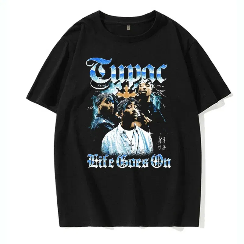 Color: Blue, Size: XL - Men's Short Sleeved Fashion Rap Singer Tupac 2Pac Printed Top Harajuku Printed T-shirt Casual Basic O-neck T-shirt