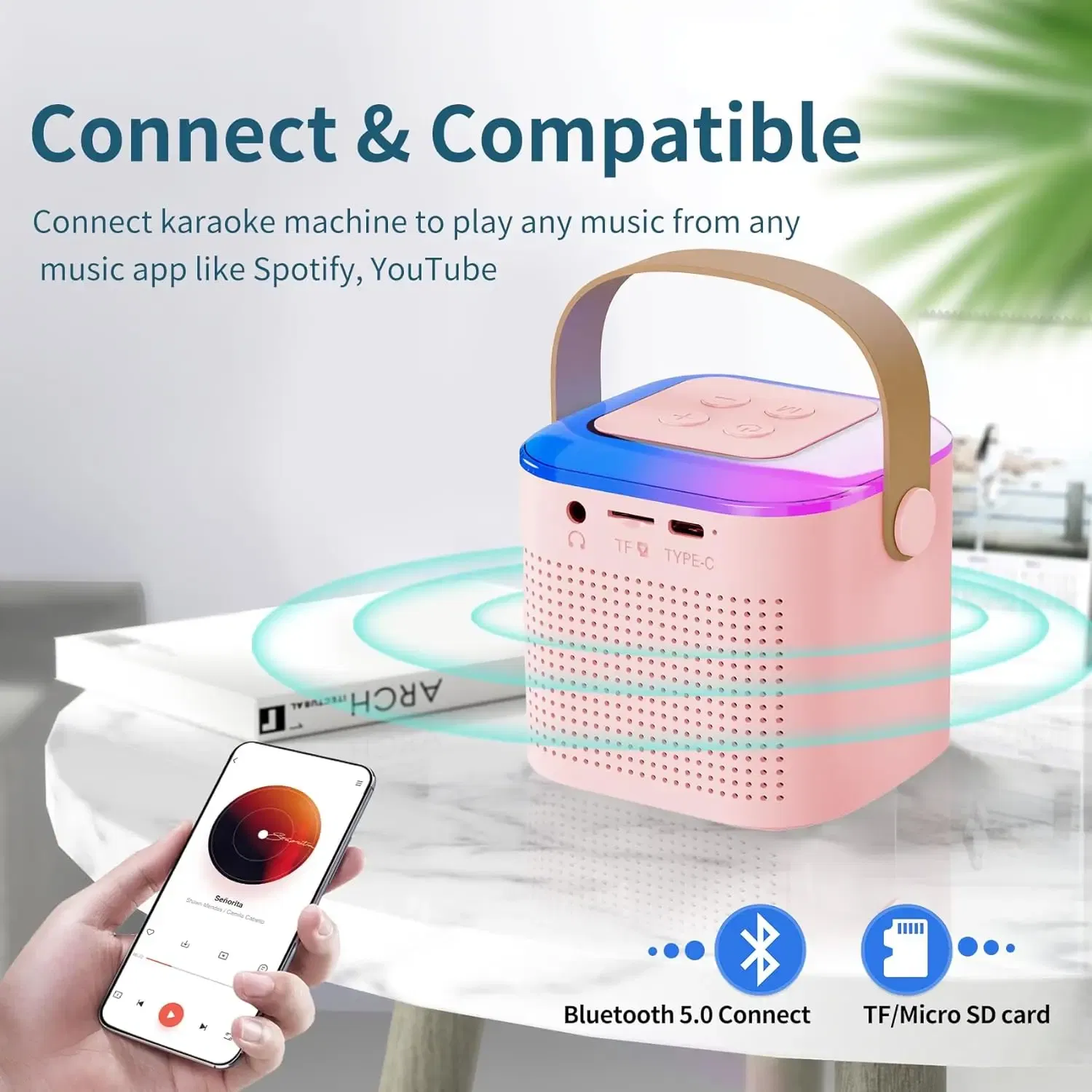 GAMINJA Mini Karaoke Machine LED Portable Bluetooth Speaker Suitable For Birthday Family Parties For Girls And Boys Microphone