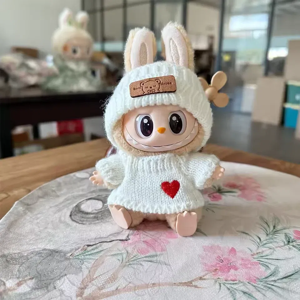 Color: SKY BLUE - Cute Labubu Bunny Doll Accessories with Knitted Clothes Rabbit Ears Hat Heart Sweater for Toy Collectors Labubu Clothes