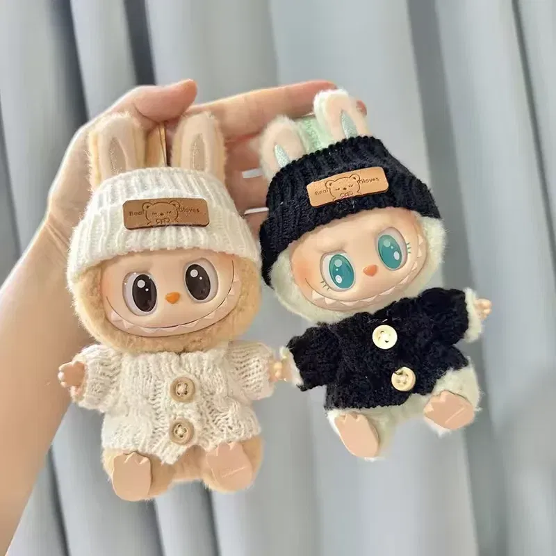 Color: SKY BLUE - Cute Labubu Bunny Doll Accessories with Knitted Clothes Rabbit Ears Hat Heart Sweater for Toy Collectors Labubu Clothes