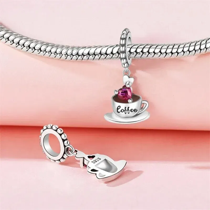 Color: Blue - Real 925 Sterling Silver Love Coffee Charm Bead Fits Original Pandora Bracelet Necklace Women Pendant Diy Fine Jewelry Hot