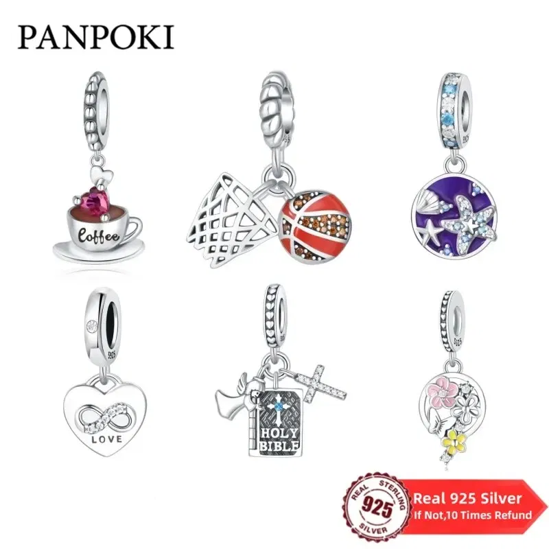 Color: Blue - Real 925 Sterling Silver Love Coffee Charm Bead Fits Original Pandora Bracelet Necklace Women Pendant Diy Fine Jewelry Hot