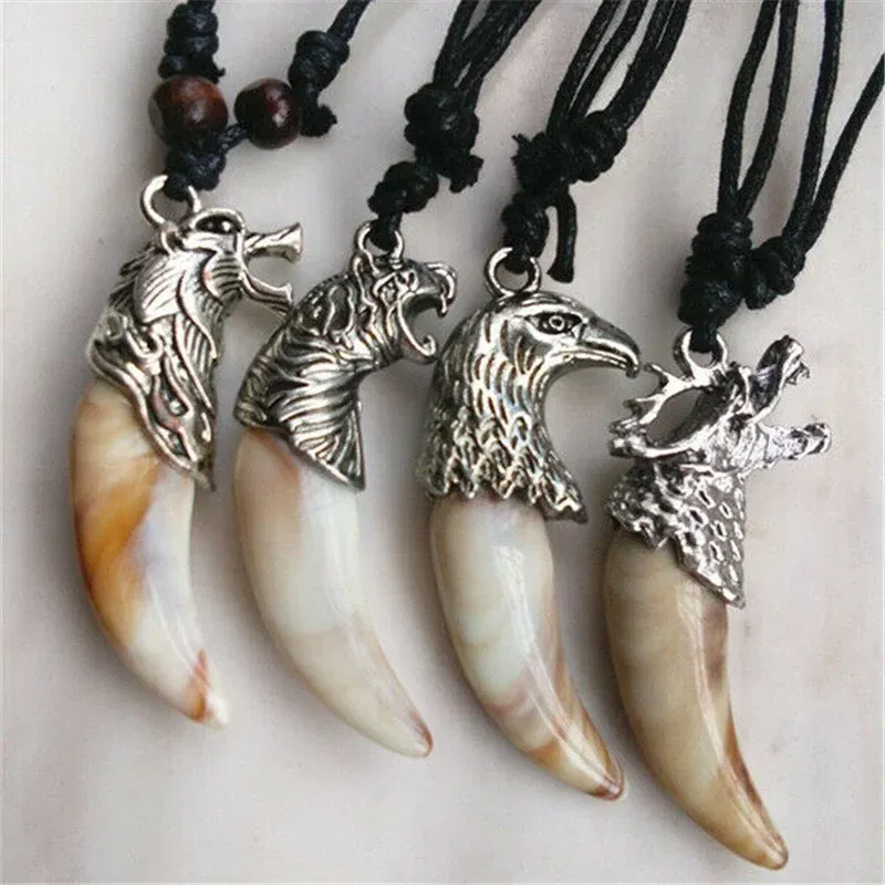 Metal Color: Plating Gun, Length: 60cm, Ships From: CHINA - 8 style Punk Alloy Wolf Leopard head Eagle Head Tiger Teeth Pendant Necklace Charms Beads Sweater Chain Rope Women Amulet