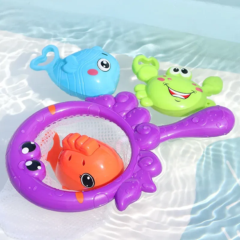 Color: PURPLE - Bath Toys Fishing Games with Fish Net Squirt Fishes Crab Pool Bath Time Bathtub Toy for Toddlers Baby Kids Infant Girls Boys Age