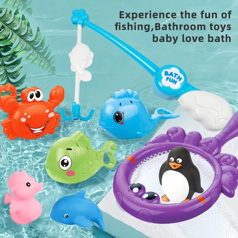 Color: PURPLE - Bath Toys Fishing Games with Fish Net Squirt Fishes Crab Pool Bath Time Bathtub Toy for Toddlers Baby Kids Infant Girls Boys Age