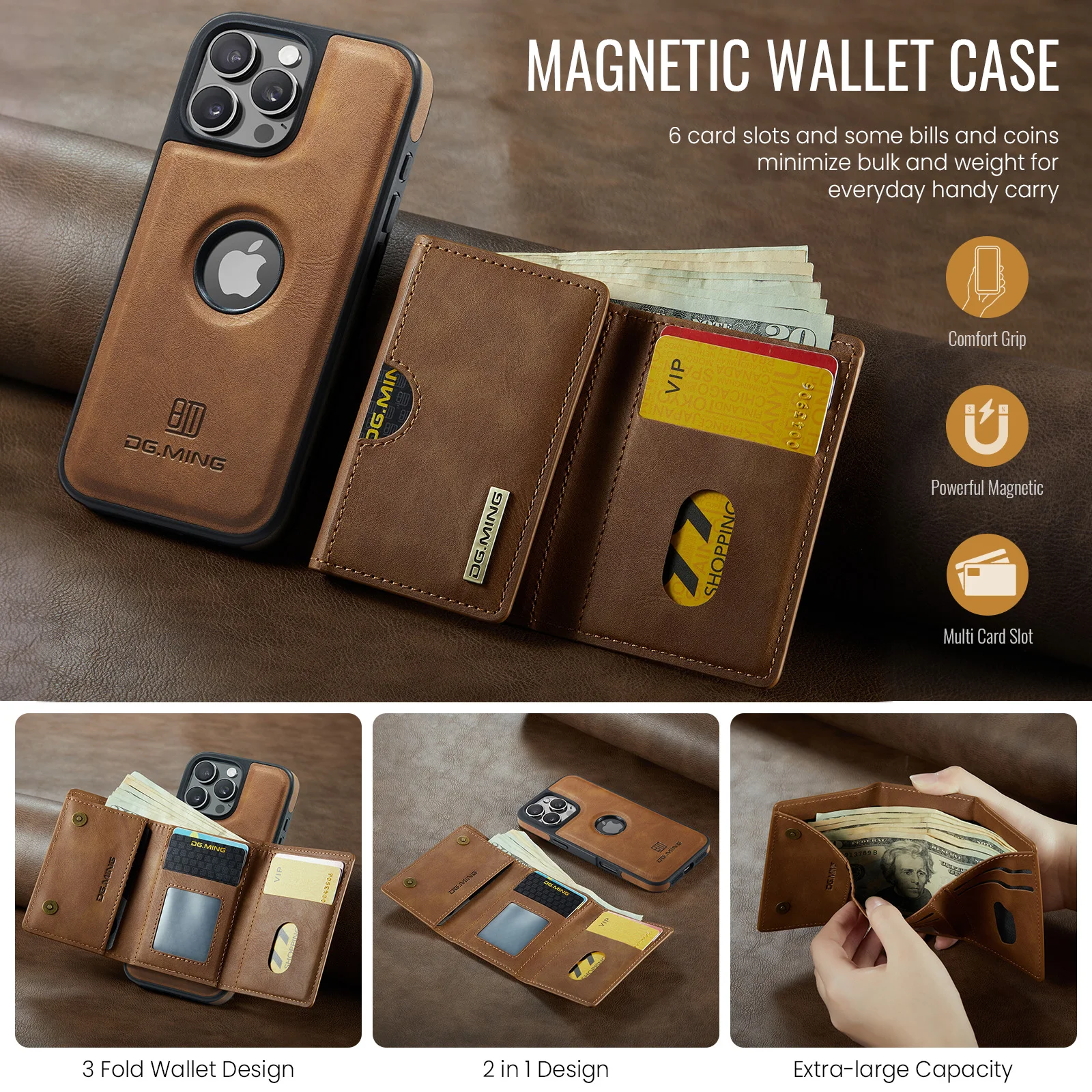 Color: Blue, Material: POLYESTER - Detachable 2 IN 1 Magnetic For Magsafe Leather Case For iPhone 16 Pro Max 15 12 13 11 14 Plus 16e Flip Wallet Card Holder Cover