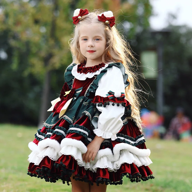 Color: Brown, Kid Size: 18M - New Autumn Winter High-End Baby Girls Velvet Lolita Princess Ball Gown Children Cute Bow Design Birthday Party Dress y1058
