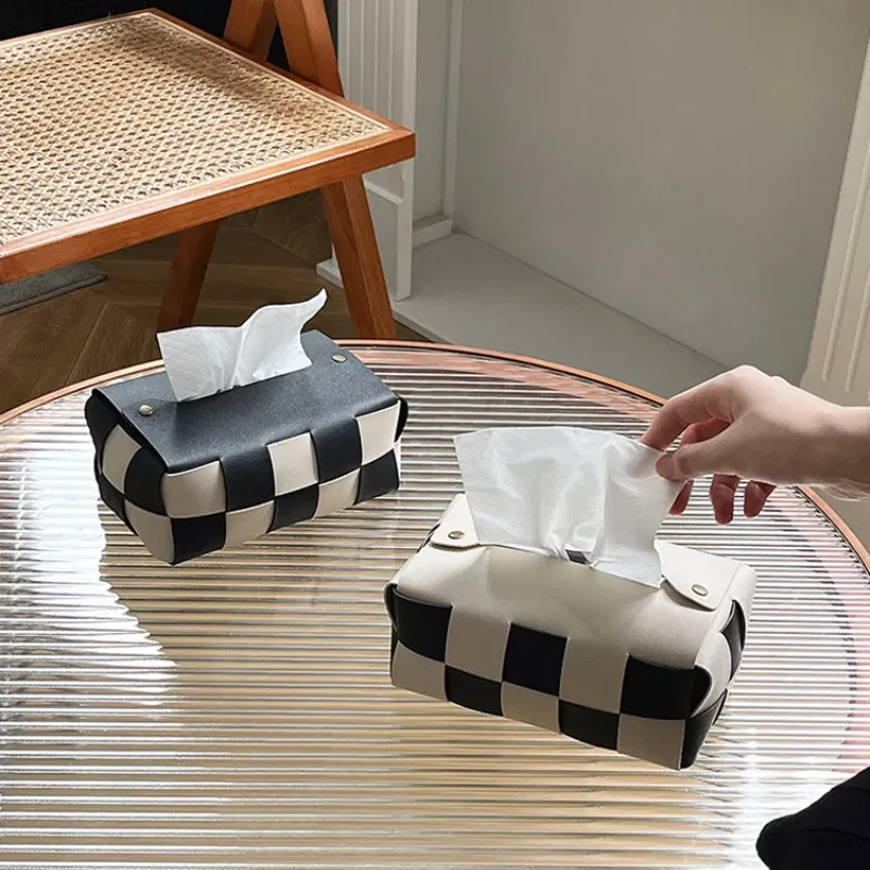 Color: Black - Checkerboard Woven Tissue Box PU Leather Napkin Case Living Room Office Desktop Home Decoration Creative Paper Towel Cover