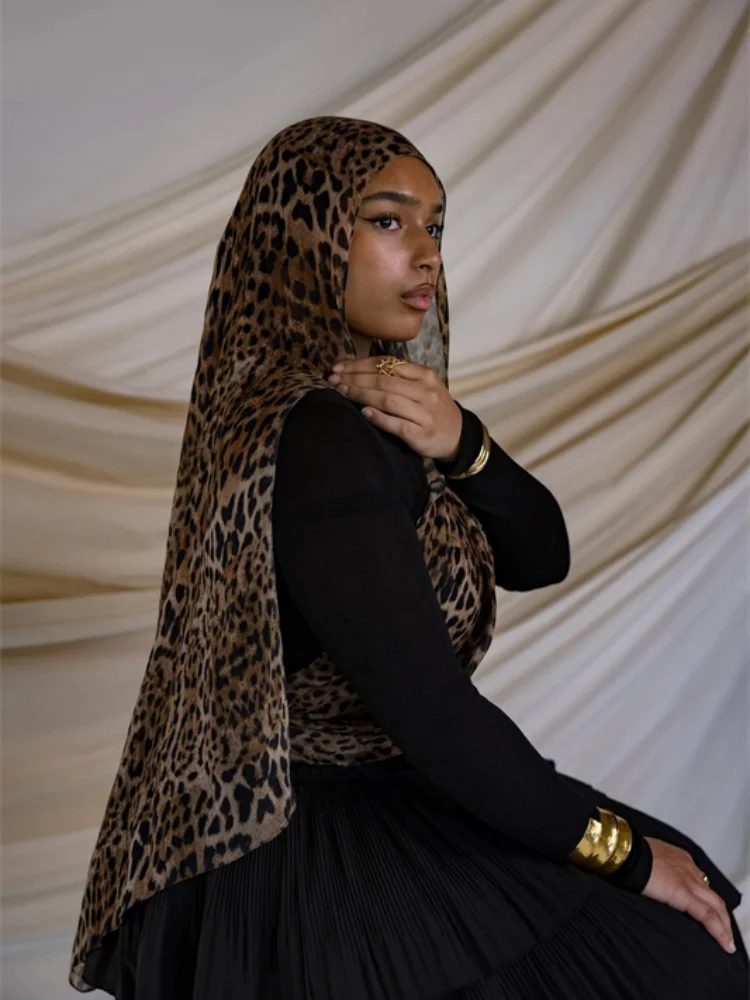Color: Silver - 1Pcs Ramadan Hijab Leopard Print Women Bohemian Watercolor Soft Muslim Hijabs Floral Breathable Shawl Wrap Scarf Headscarf Warm