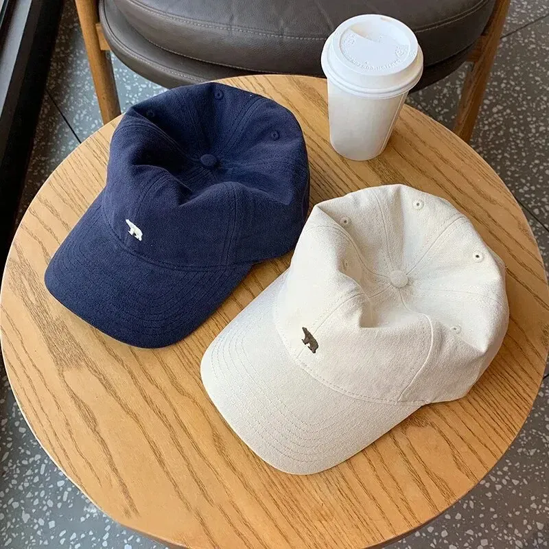 Size: Adjustable, Age Range: >8Y, Color: Khaki - Hat Female Spring/Summer American Embroidered Wide Brimmed Baseball Hat Female Sunshade Soft Top Polar Bear Duck Tongue Hat Male