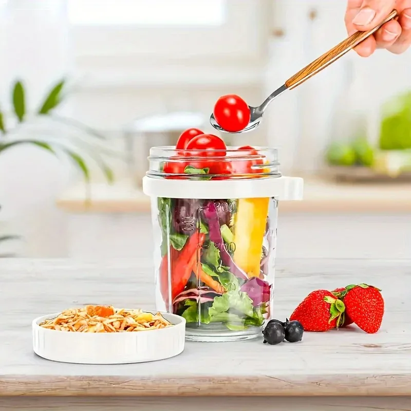 Color: Blue, Capacity: 301-400ml - 350ML Overnight Oat Cup Glass With Lid And Spoon Seal Food Breakfast Cup Portable Cereal Milk Salad Yogurt Cup Kitchen Item