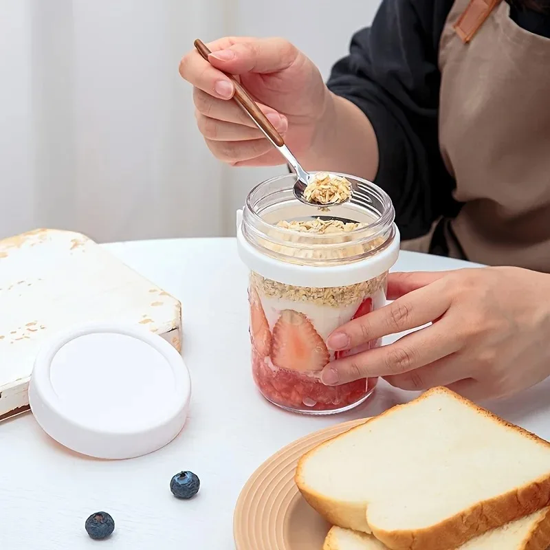 Color: Blue, Capacity: 301-400ml - 350ML Overnight Oat Cup Glass With Lid And Spoon Seal Food Breakfast Cup Portable Cereal Milk Salad Yogurt Cup Kitchen Item
