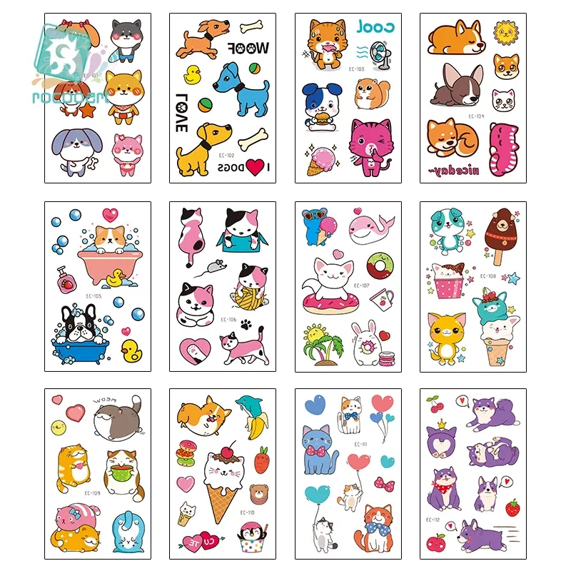 Color: Light Grey - Cartoon Animal Waterproof Temporary Tattoo Cute Pet Cats and Dogs Tattoo Stickers Children Boy Girl Fake Body Art Flash Tatoo