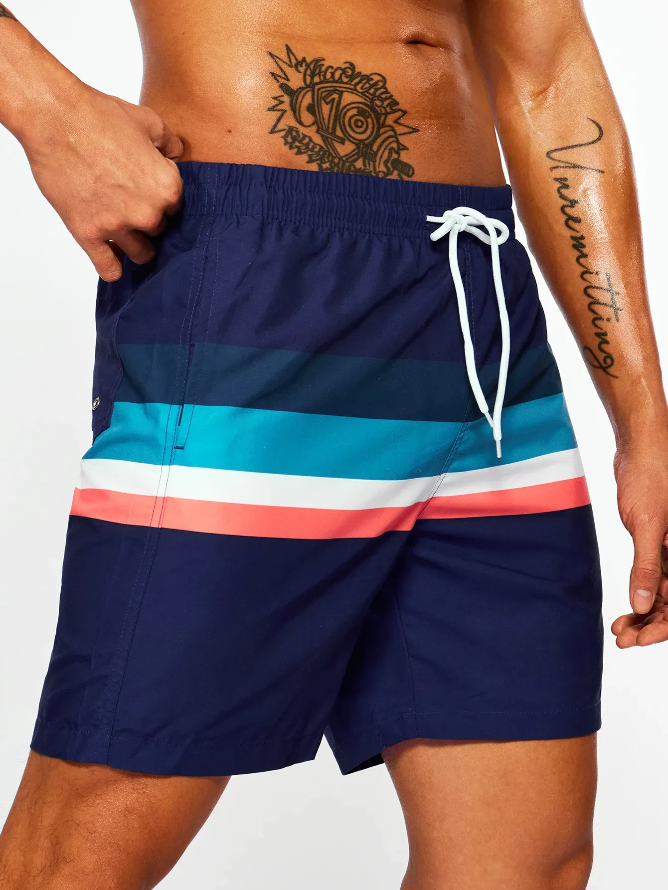 Color: MULTI, Size: M - Men's Navy Bottom Stripe Insert Print Beach Pants