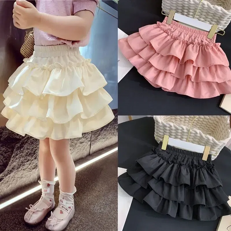 Color: Beige, Kid Size: 4T - Children Girls Pleated Cake Skirts Summer 2025 Elastic Waist Infant Babys Girls Bubble Skirts Toddler Kids Girls Princess Skirts