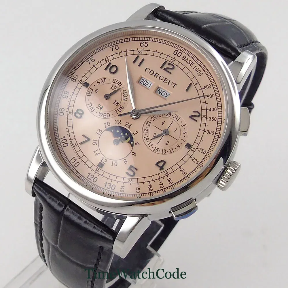 Color: Pink - Corgeut 42mm Automatic Men's Watch Date Day Month Year Rose Gold Dial Multifunction 316L Leather Strap Polished Case Day Night