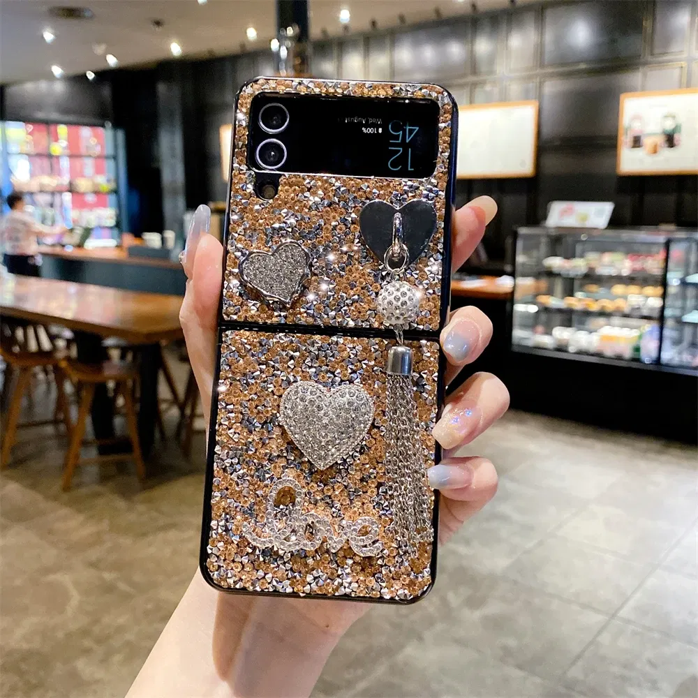 Color: Khaki, Material: ABS - Luxury Heart Diamond Tassel Phone Case for Samsung Galaxy Z Flip5 Case Z Flip4 Cover Z Flip3 Capa Z Flip 5 4 3 Cover 5G