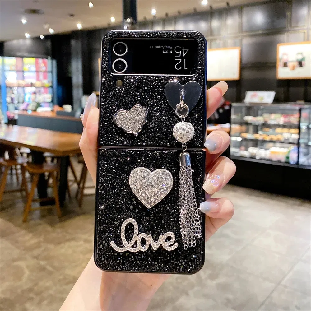 Color: Khaki, Material: ABS - Luxury Heart Diamond Tassel Phone Case for Samsung Galaxy Z Flip5 Case Z Flip4 Cover Z Flip3 Capa Z Flip 5 4 3 Cover 5G