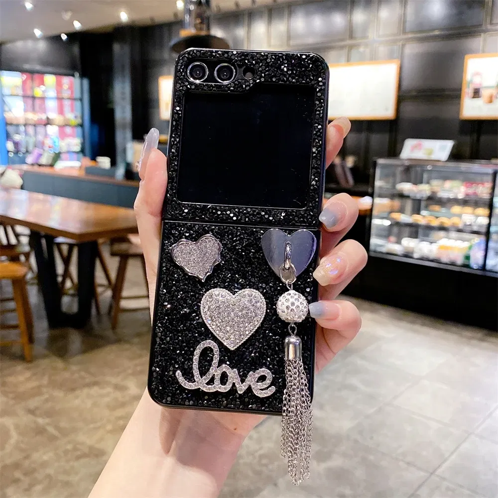 Color: Khaki, Material: ABS - Luxury Heart Diamond Tassel Phone Case for Samsung Galaxy Z Flip5 Case Z Flip4 Cover Z Flip3 Capa Z Flip 5 4 3 Cover 5G