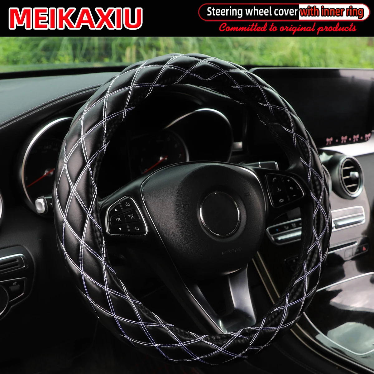 Color Name: GRAY - New PU sheepskin embroidered double-thread car has an inner ring steering wheel cover suitable for 36cm, 37cm and 38cm