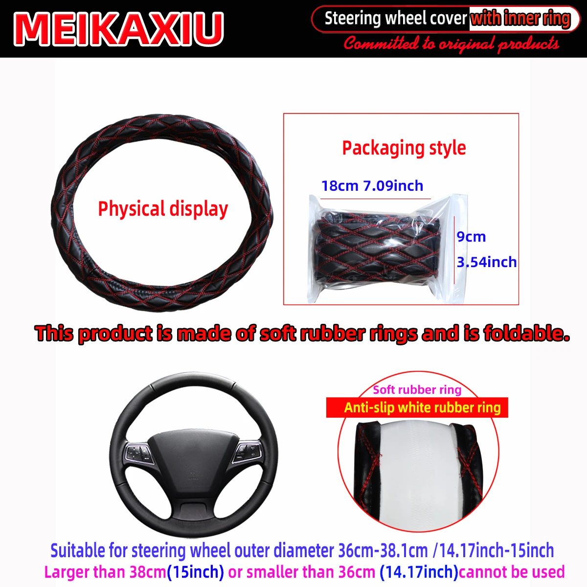 Color Name: GRAY - New PU sheepskin embroidered double-thread car has an inner ring steering wheel cover suitable for 36cm, 37cm and 38cm