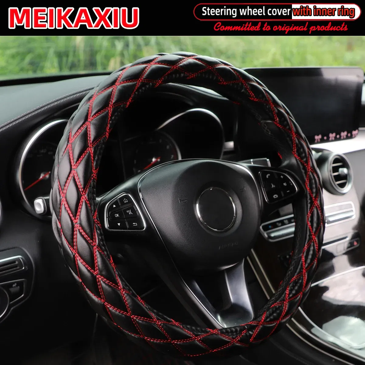 Color Name: GRAY - New PU sheepskin embroidered double-thread car has an inner ring steering wheel cover suitable for 36cm, 37cm and 38cm