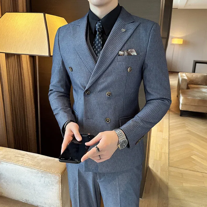 Color: SKY BLUE, Size: 4XL - 2025 Men's Double Breasted 3/2 Piece Business Casual Wedding Dress Suit with Trousers Regular Fit Bridegroom High Sense