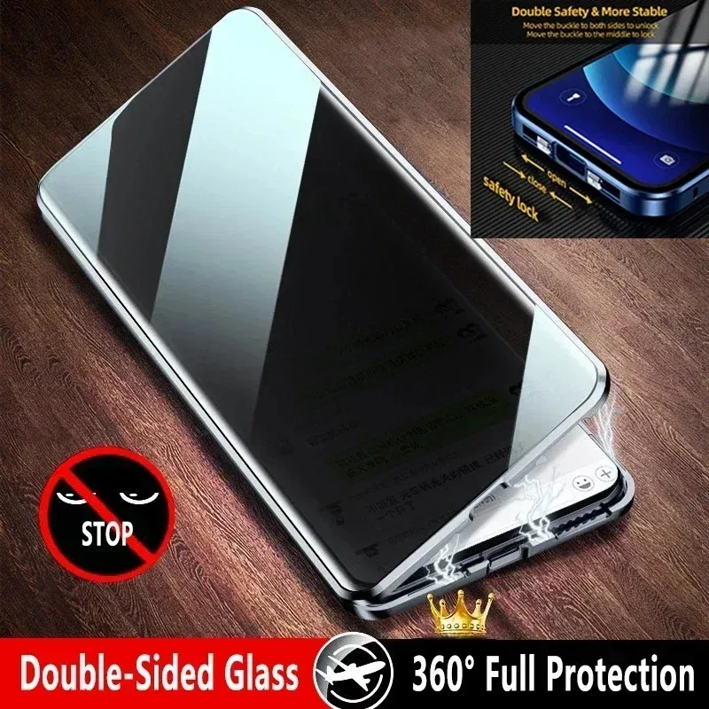 Color: green, Material: PC - Double-Sided Privacy Magnetic Case For iPhone 16 12 13 14 15 11 Pro Max 14 Plus 16 Plus Anti Peeping Full Cover Metal Frame Case