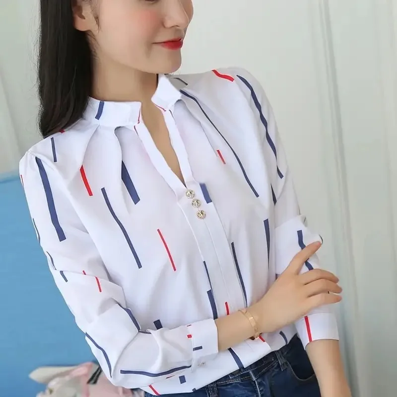 Color: SKY BLUE, Size: M - Women White Tops Blouses Fashion Stripe Print Casual Long Sleeve Office Lady OL Shirts Slim Blusas DF4970
