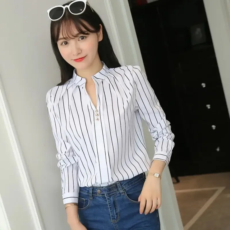 Color: SKY BLUE, Size: M - Women White Tops Blouses Fashion Stripe Print Casual Long Sleeve Office Lady OL Shirts Slim Blusas DF4970