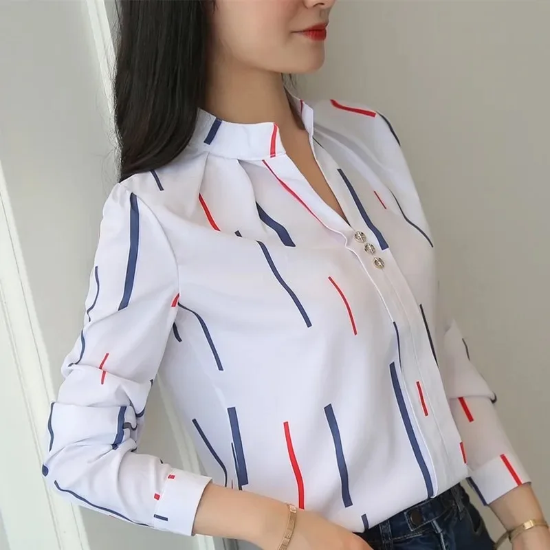 Color: SKY BLUE, Size: M - Women White Tops Blouses Fashion Stripe Print Casual Long Sleeve Office Lady OL Shirts Slim Blusas DF4970