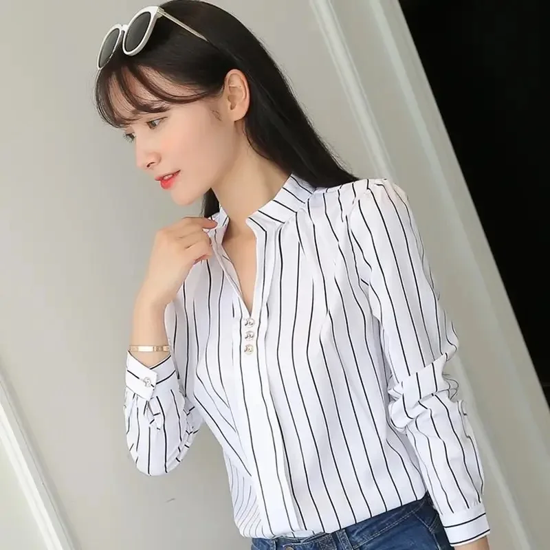 Color: SKY BLUE, Size: M - Women White Tops Blouses Fashion Stripe Print Casual Long Sleeve Office Lady OL Shirts Slim Blusas DF4970
