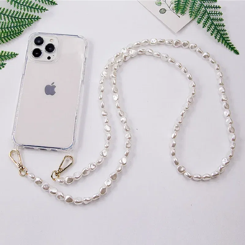 Color: Lotus root color, Bundle: Case & Strap, Material: nylon - DIY Luxury Pearl Chain Crossbody Strap Shockproof Acrylic Lanyard Phone Case for iPhone 14 13 12 PRO 15 Pro Max X XS 12 MINI