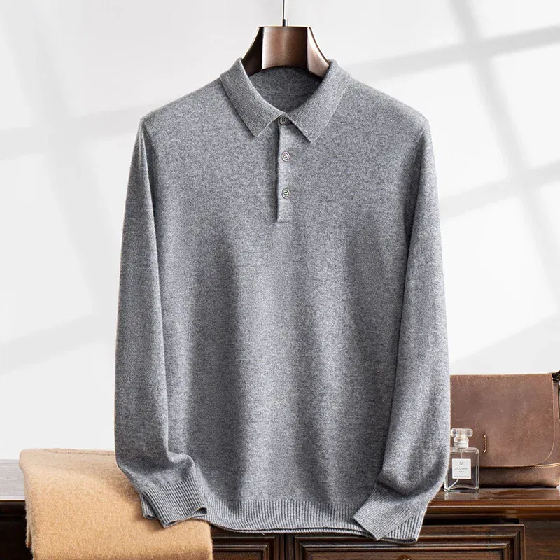 Color: black, Size: XXL - High Quality Men's 100% Cashmere POLO Collar Pullover Soft Elastic Autumn Winter Business Casual Solid Color Knitted Sweater