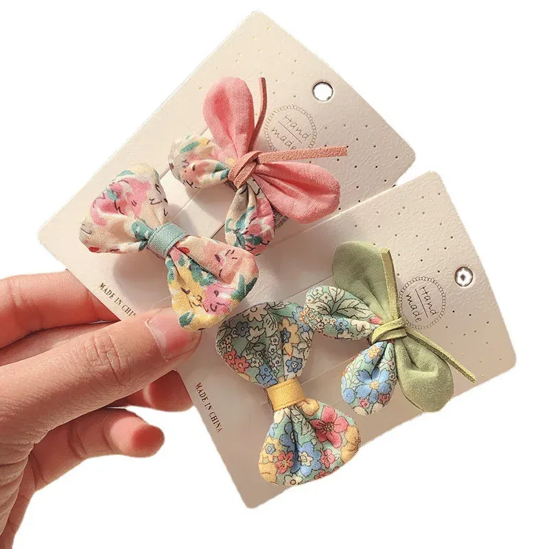 Color: GRAY - 2PCS Set Children Girl Bow Butterfly Hair Clip Print Knot Hairpin Korean Princess Fresh Cute Lovely Hair Accessories Headdress