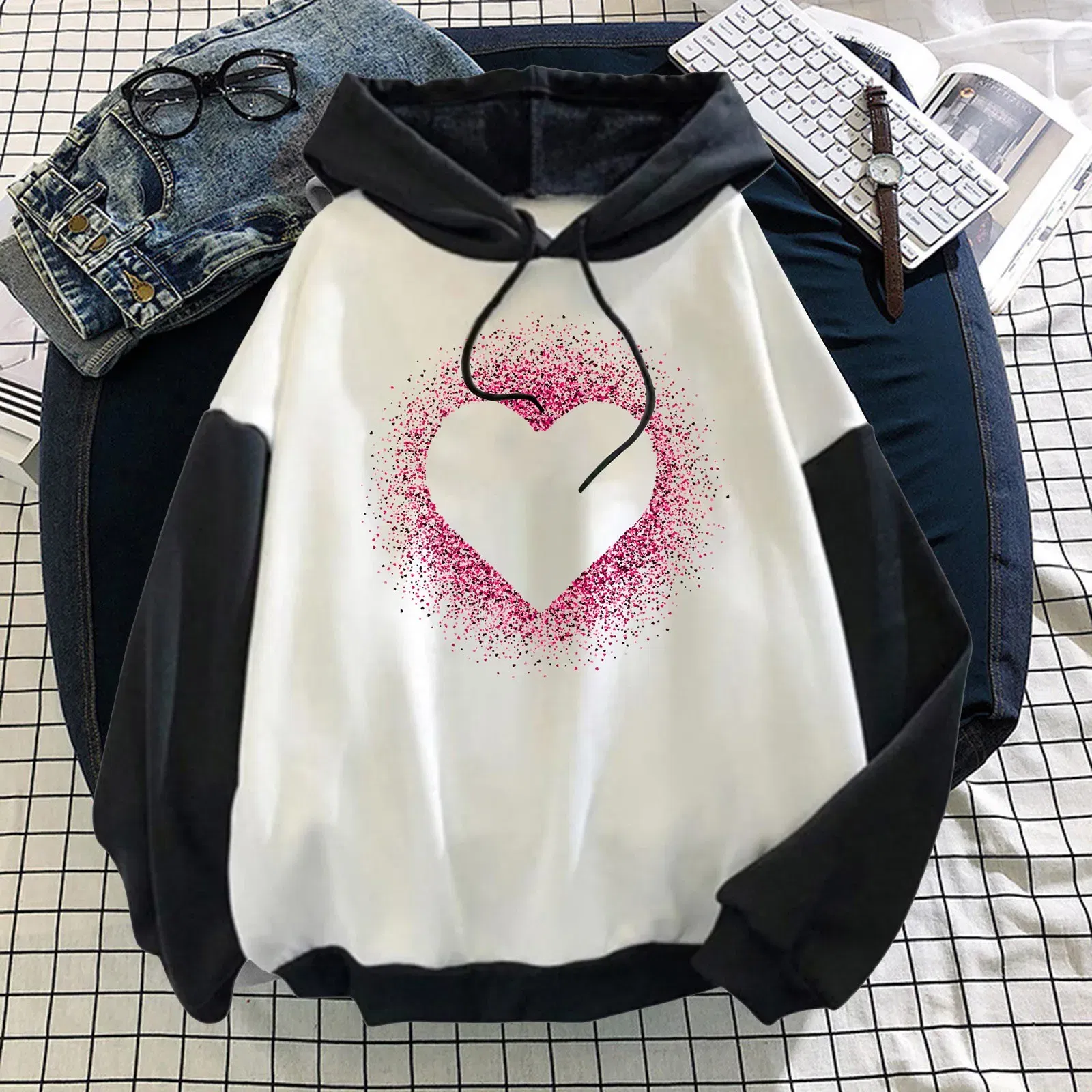 Color: Light  Blue, Size: XXL, Ships From: spain - Women Casual Long Sleeve Sweatshirt Love Print Drawstring Pullover Hoodie Color Block Tops Pullover Casual Top