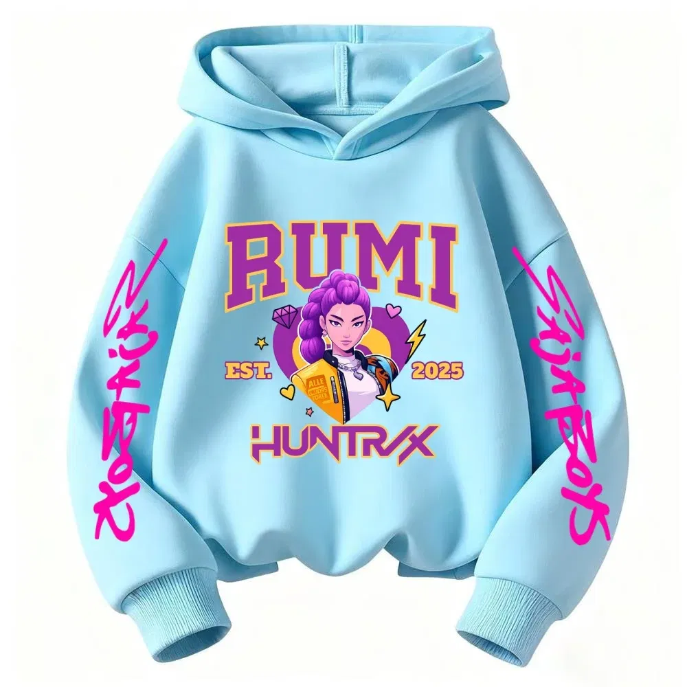 Color: Blue, Kid Size: 4 - 2025 KPop Devil Hunter Cartoon Girl Boy Hooded Sweatshirt Kawaii Children's Korean Wave Casual Fashion Top