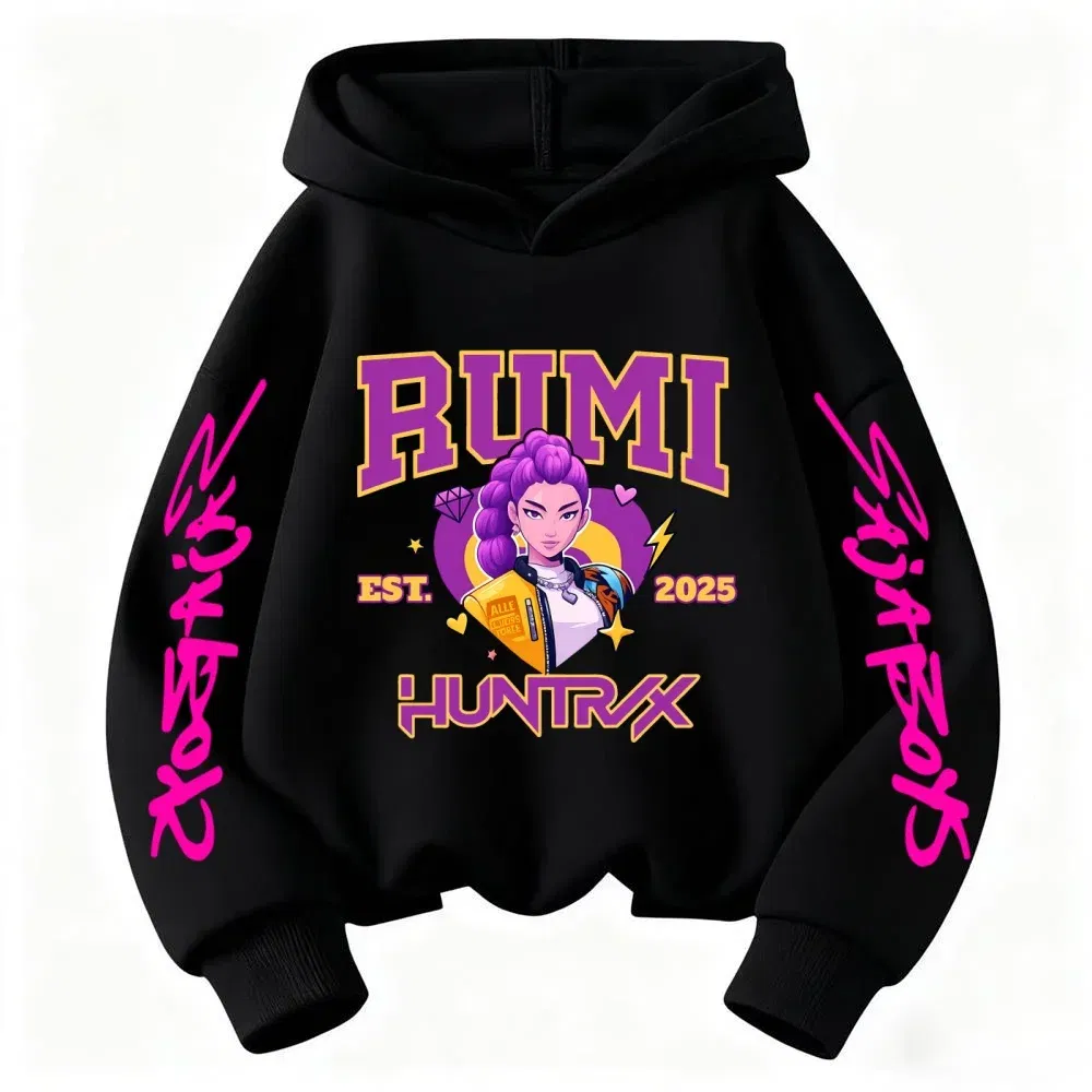 Color: Blue, Kid Size: 4 - 2025 KPop Devil Hunter Cartoon Girl Boy Hooded Sweatshirt Kawaii Children's Korean Wave Casual Fashion Top