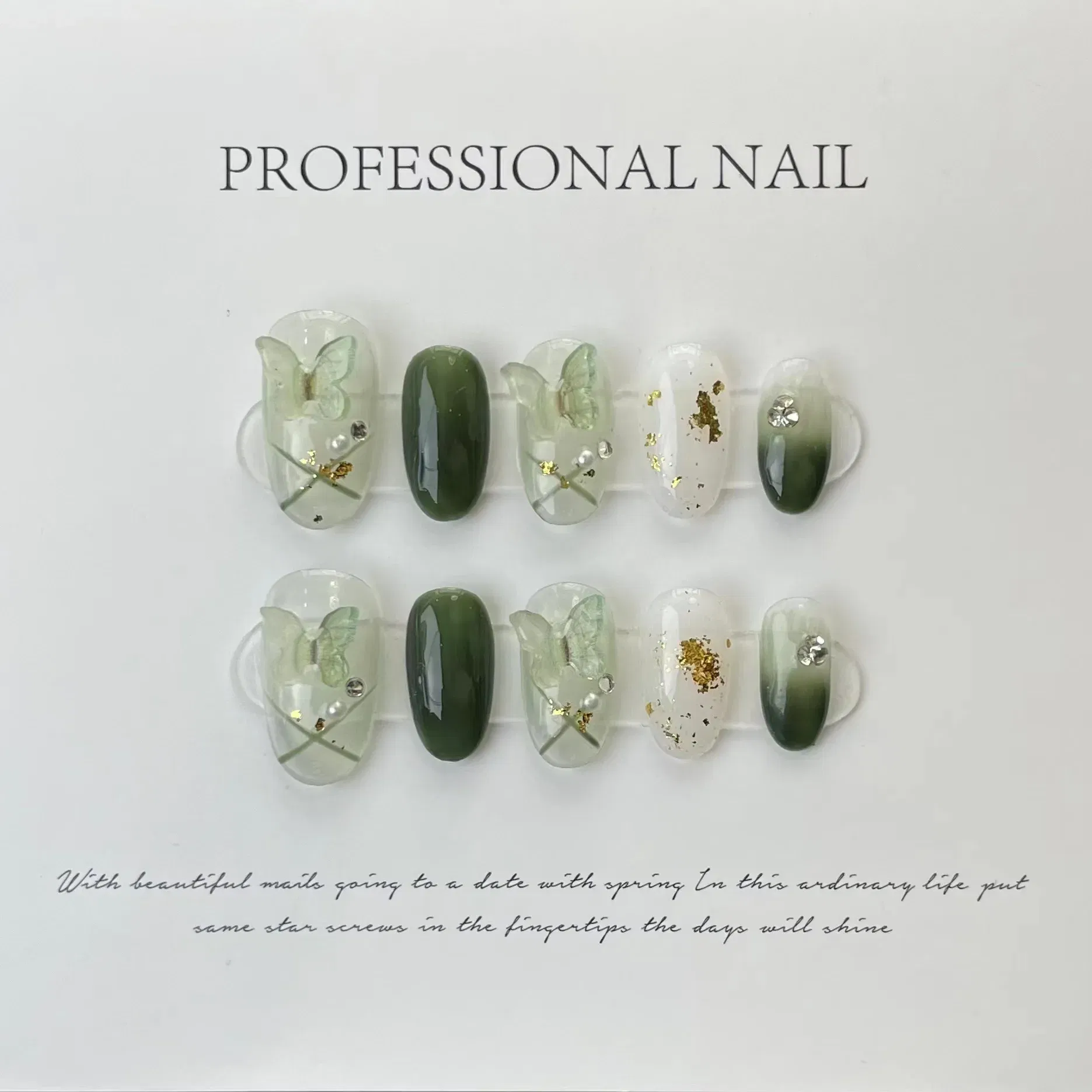 Color: GRAY - 10 pcs Luxury Handmade Press on Nails Middle Ellipse Lvye Elf Design False Nails with 4-PIECE Tool Adhesive Nail Glue Tabs